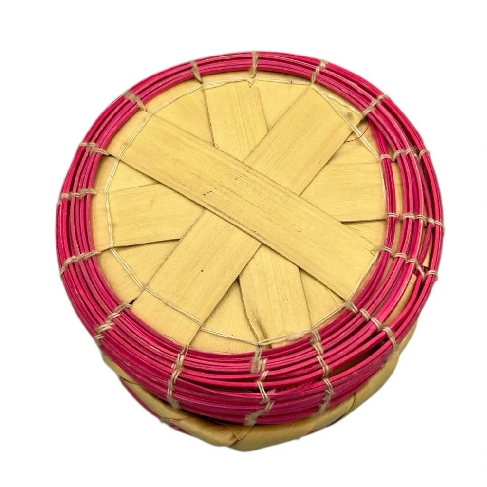 Handwoven Mini Lidded Basket Pink Natural Fiber Boho Storage Trinket